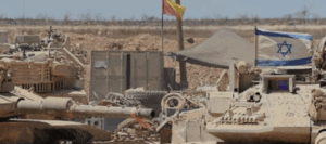 Israeli tanks deployed near the border with the Gaza Strip, July 8, 2025.