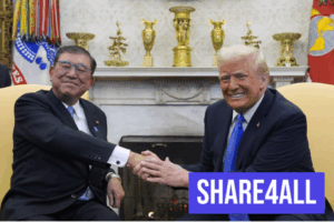 Japanese Prime Minister Shigeru Ishiba (left) and U.S. President Donald Trump shake hands during a meeting in the Oval Office on February 7 (local time).